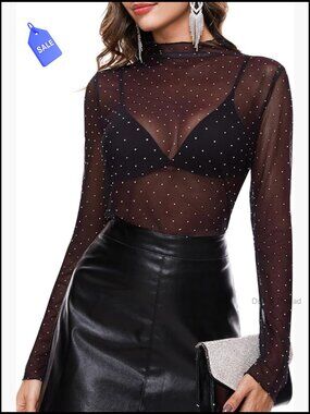 Sheer Mesh Long Sleeve Mock Neck Layering Top with Sparkle Rhinestones